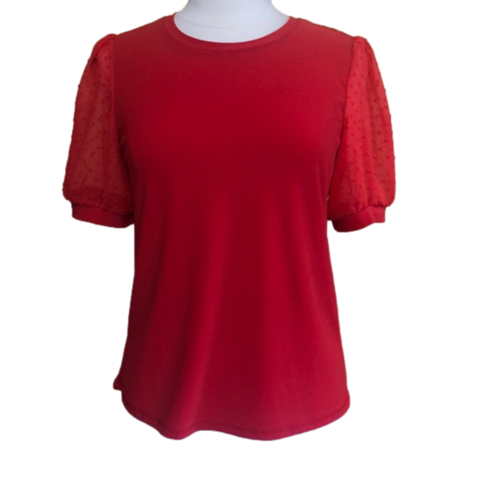 CeCe Orange short puff shear sleeve shirt w/dots on the sleeves Size Medium - Picture 3 of 12